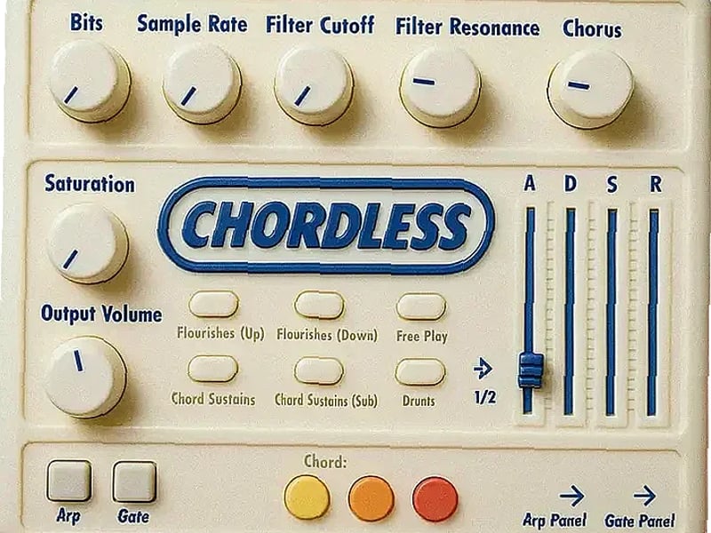 Producer playing lo-fi chords on a vintage Suzuki Omnichord sampled into a modern DAW interface