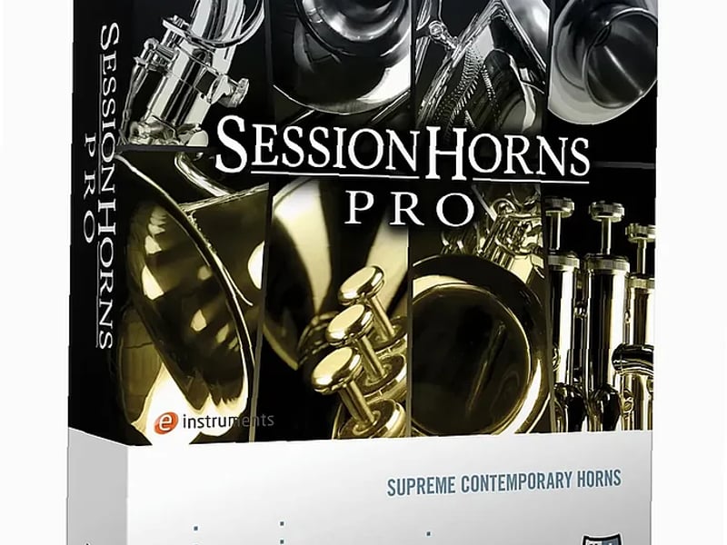 Music producer using SESSION HORNS PRO in Kontakt to arrange jazz horn sections on a studio workstation
