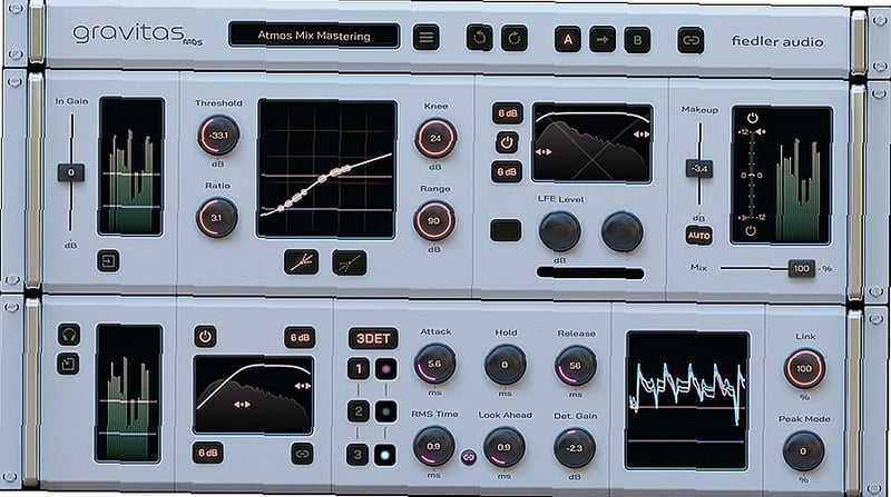 Gravitas MDS interface displaying multichannel compressor controls and dynamics curves for professional audio mixing (92 chars)