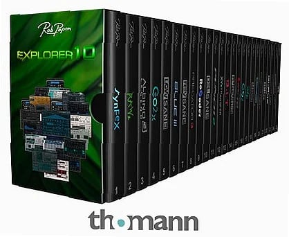 Virtual synthesizer interface showing Rob Papen eXplorer 10 plugin suite with multiple synth modules and effect racks