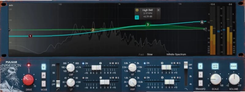 Pulsar Poseidon EQ plugin interface with curve editor and spectrum analyzer, showing band interactions for musical audio processing in a professional studio setup (102 chars)