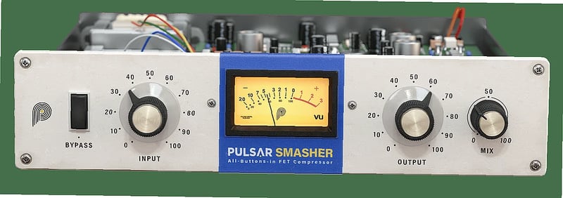 Audio plugin interface showing Smasher v1.5.7, vintage analog-style compressor with adjustable knobs and meters