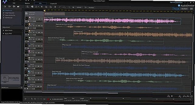 Audio editing software interface showing multi-track timeline with waveform displays and effect plugins