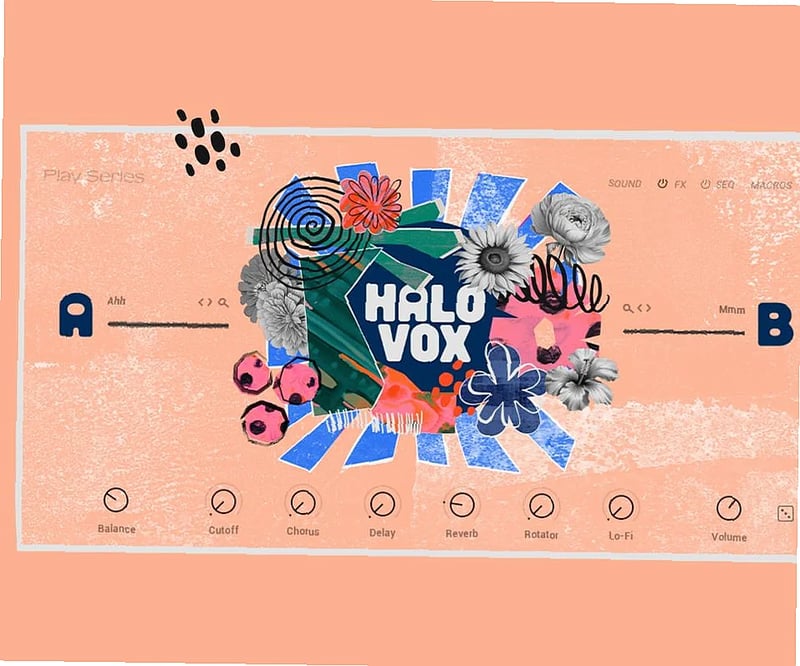 Digital audio interface displays Halo Vox plugin with choral textures and vocal layer controls in studio setup