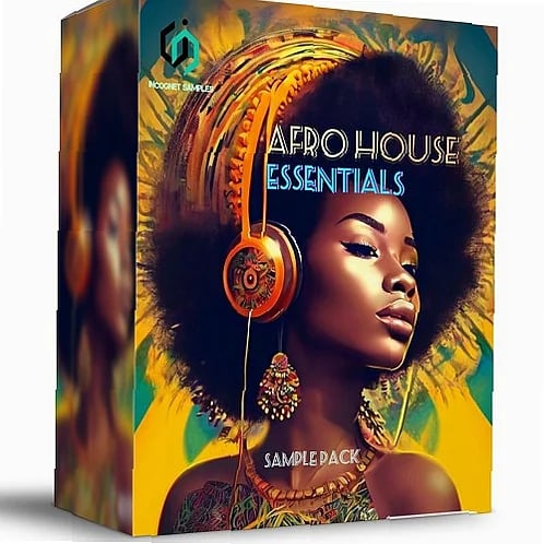 Sample pack interface shows Afro House Essentials WAV files, Serum presets, and music production tools on a laptop screen