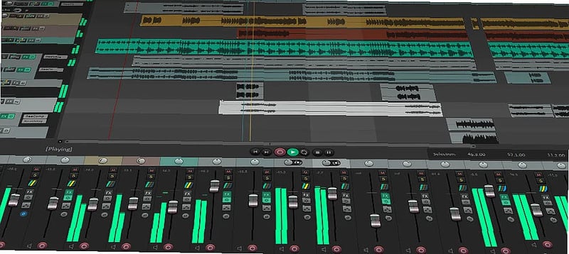 Digital audio workstation interface with track layout and mixer panel for music production tasks