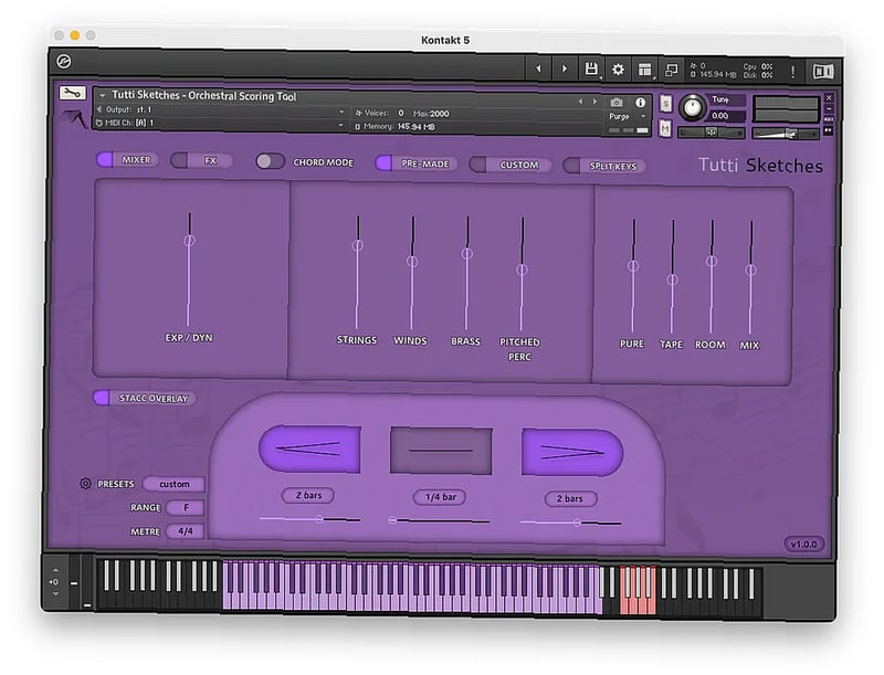 Composer works with Tutti Sketches in Kontakt, arranging orchestral mockups on dual monitors with MIDI keyboard
