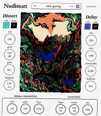 Audio processing software interface showing Nudistort v1.2.4, distortion algorithm controls, and waveform visualization