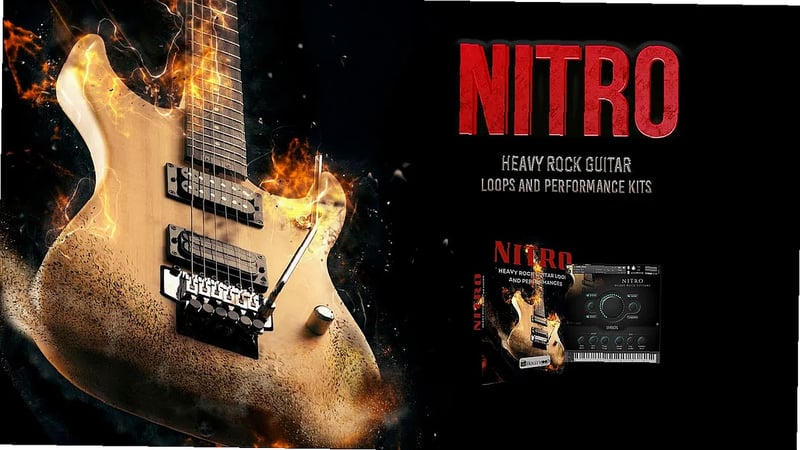 Guitarist plays heavy rock riff in studio, close-up of hands on strings with audio waveform overlay