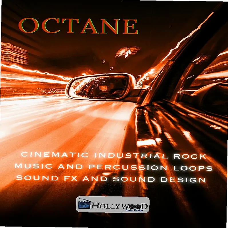 Cinematic audio library interface with arpeggio loops and drum kits for trailer sound design