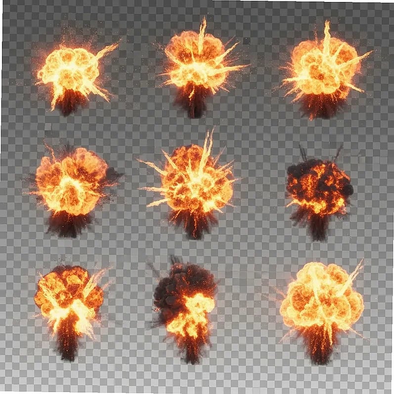 Fiery explosion effect with transparent background, ideal for video editing projects and post-production workflows