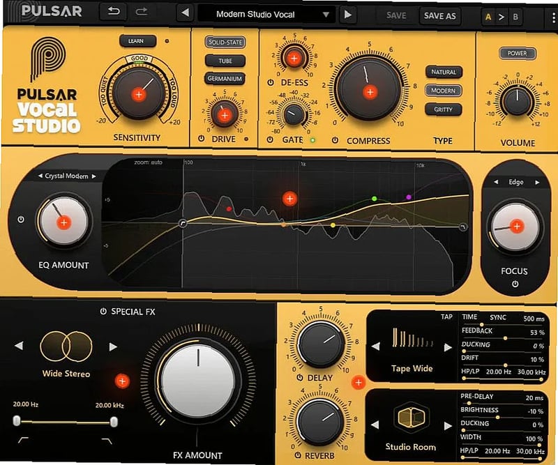 Audio engineer adjusts vocal mixing plugin in DAW, showing Pulsar Vocal Studio interface with multiple processing modules