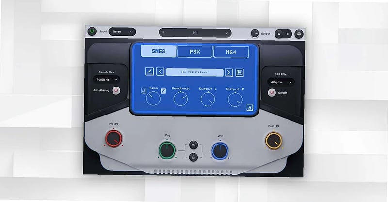 Retro reverb plugin interface with sliders and knobs, emulating SNES audio effects on a modern DAW setup