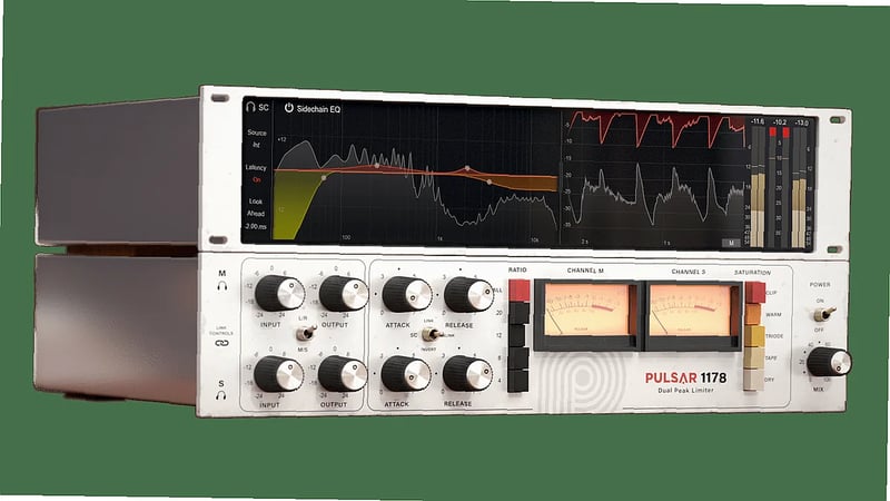 Audio engineer adjusts Pulsar 1178 plugin, FET compressor interface with sidechain EQ controls visible
