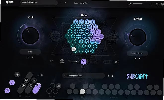 Digital audio workstation displays sub-bass synthesis plugin with frequency spectrum analyzer and mixing controls