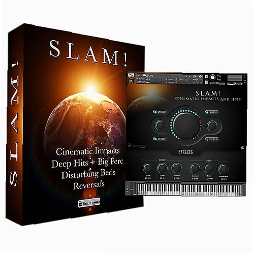 Cinematic percussion toolkit displayed on digital audio workstation, featuring Kontakt drum samples and impact effects