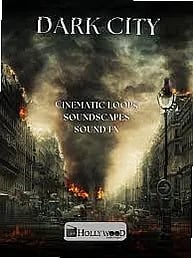 Cinematic sound library interface with dark city ambience presets and waveform previews on a dim screen