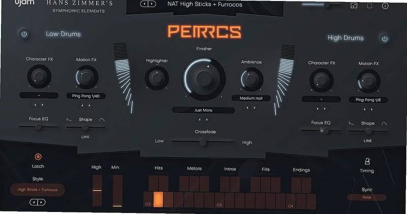 Cinematic percussion interface with virtual instruments and mixing controls for orchestral sound design