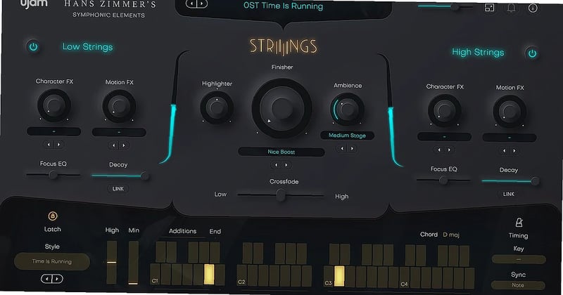 Virtual string plugin interface with sliders and presets, cinematic UI design on dark background