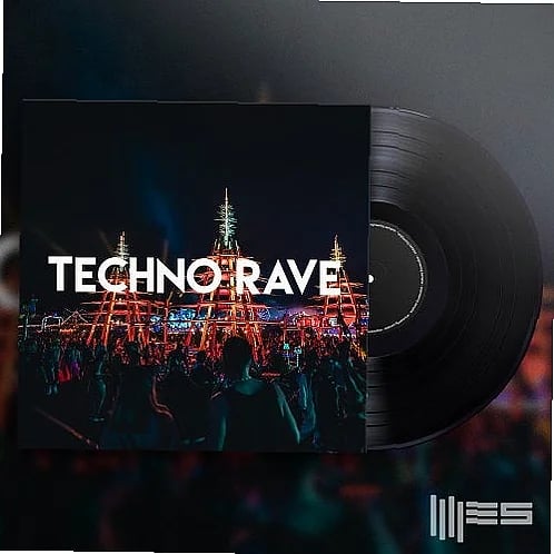 Studio setup with analog synth modules and sequencer displaying Techno Rave sample waveform