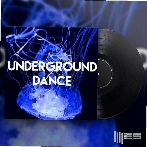 Digital audio workstation displays techno loop waveforms, analog synth gear in background, studio lighting