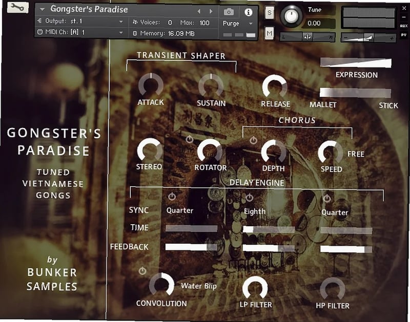 Virtual gong interface with articulation slider, sound manipulation tools in dim studio lighting