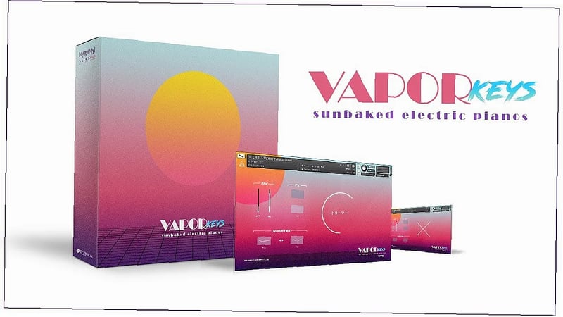 Digital keyboard interface with glowing Vapor Keys logo, retro FM electric piano tones displayed on screen