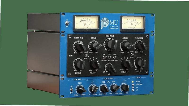 Tube compressor plugin interface with vintage analog controls and modern digital precision on dark background