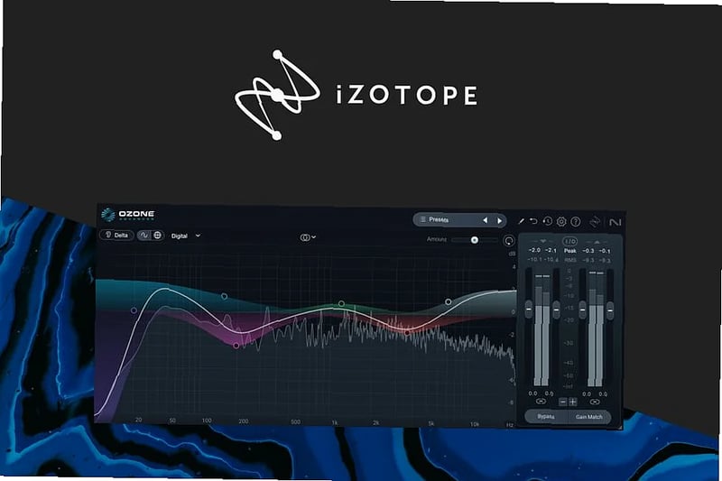 Audio engineer uses Ozone 12 Advanced mastering software with AI-powered tools on dual monitors in studio setup